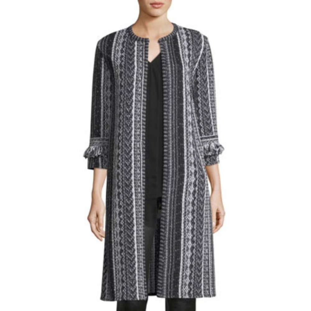 St. John Chunky Tweed Wool Vertical Stripe Long Duster Jacket Black Cream 2
